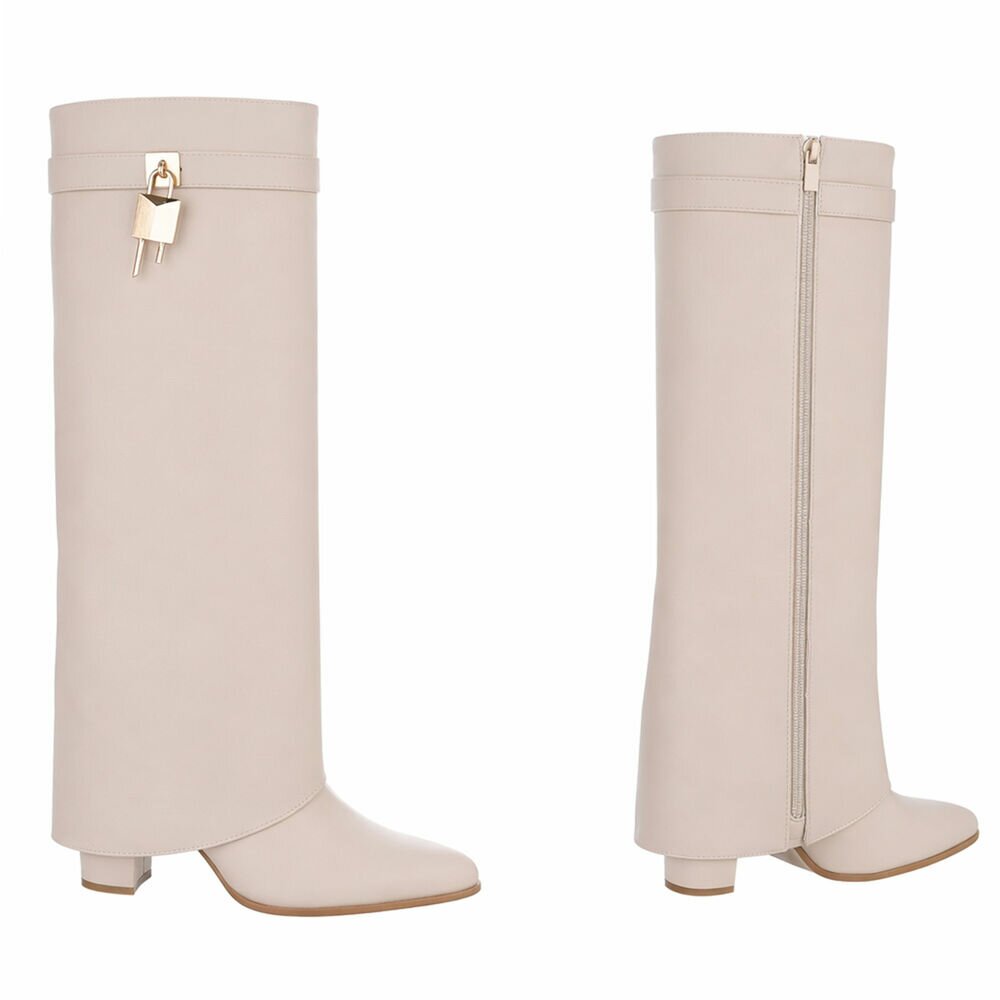 beige leder look omslag laars met gouden slotje