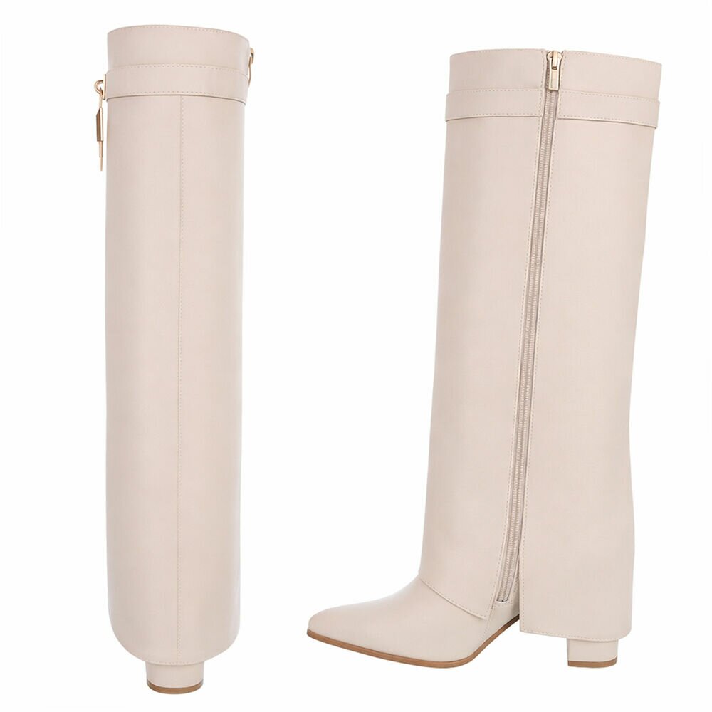 beige leder look omslag laars met gouden slotje