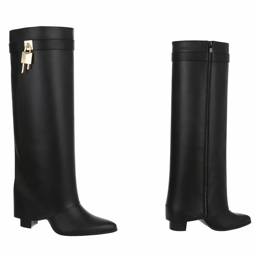 Black leder look omslag laars met gouden slotje